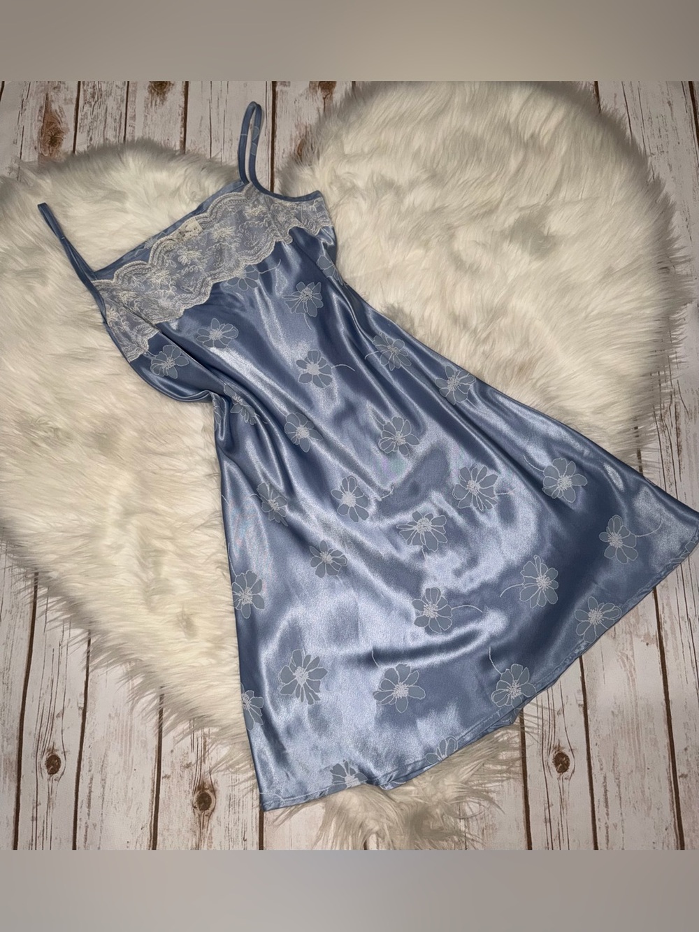 Vintage Y2K Y.K Clothing Baby Blue Silk w/Lace Trim Slip Dress Women’s Small